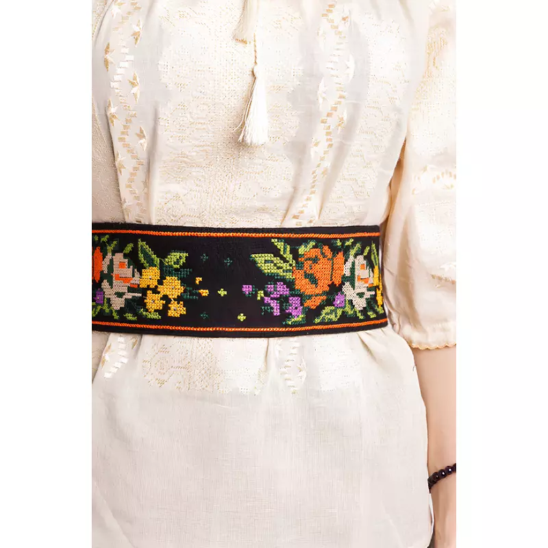 Brau Traditional Negru cu Motiv Floral Multicolor - BTR25