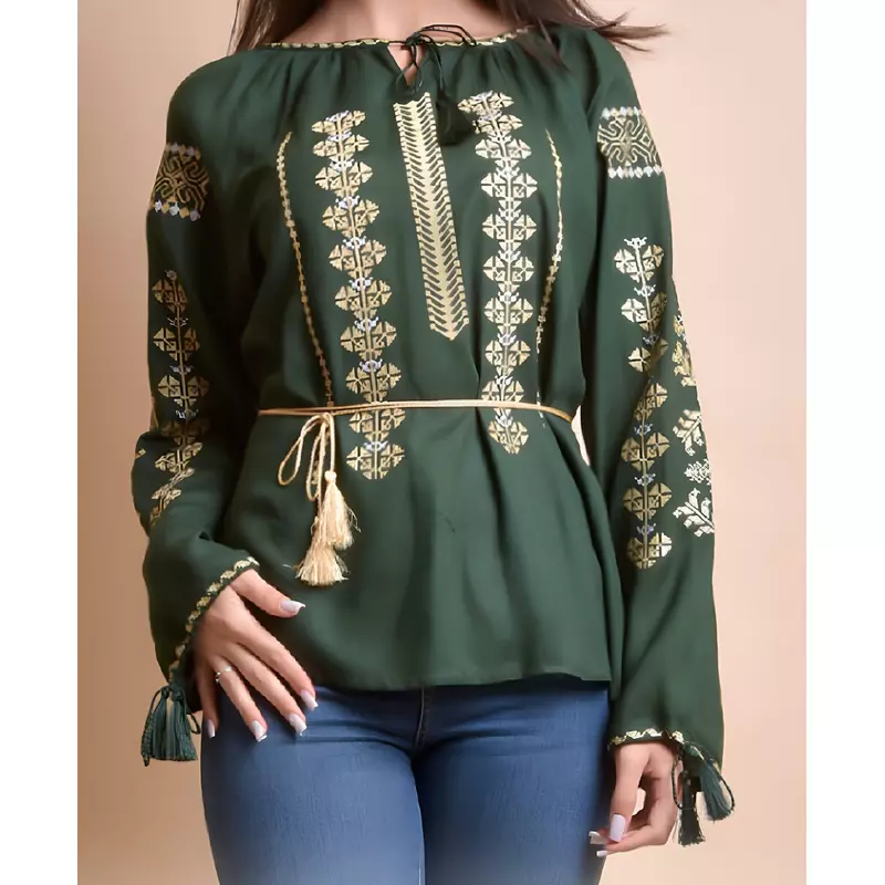 Bluza verde cu motiv geometric auriu - BMG129