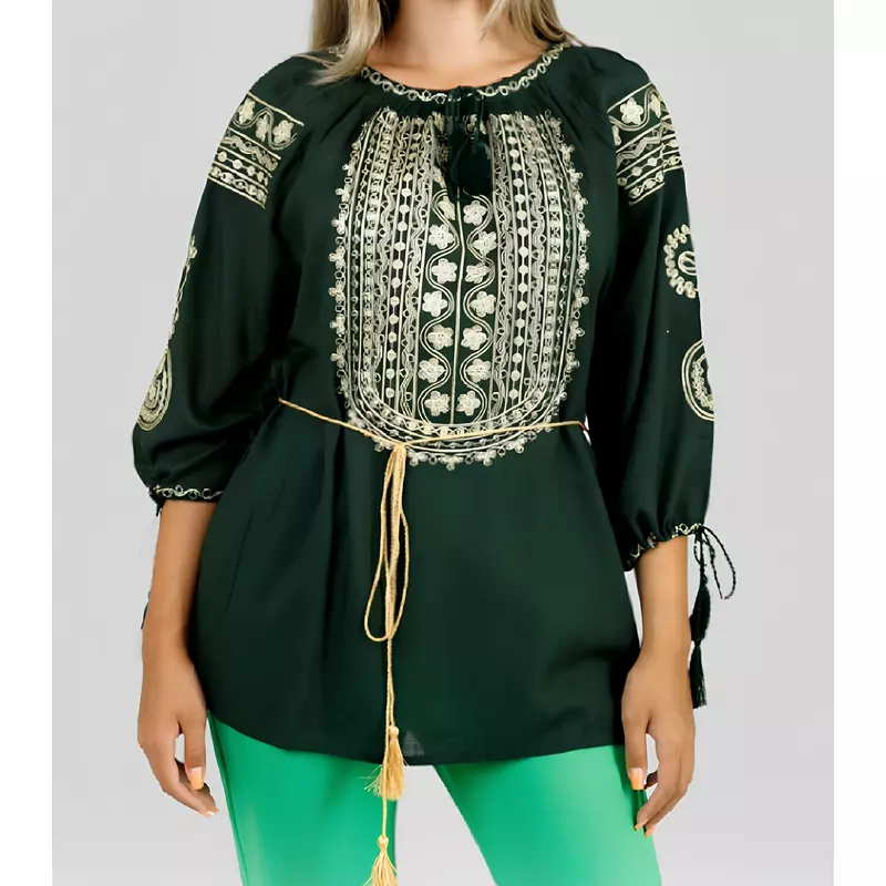 Bluza verde cu motiv floral auriu - BMG144