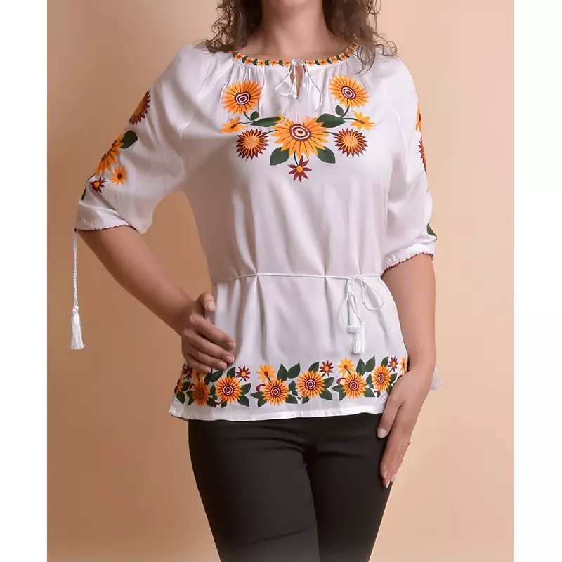 Bluza Tip Ie Alba cu Motiv Floral Multicolor - BMG19