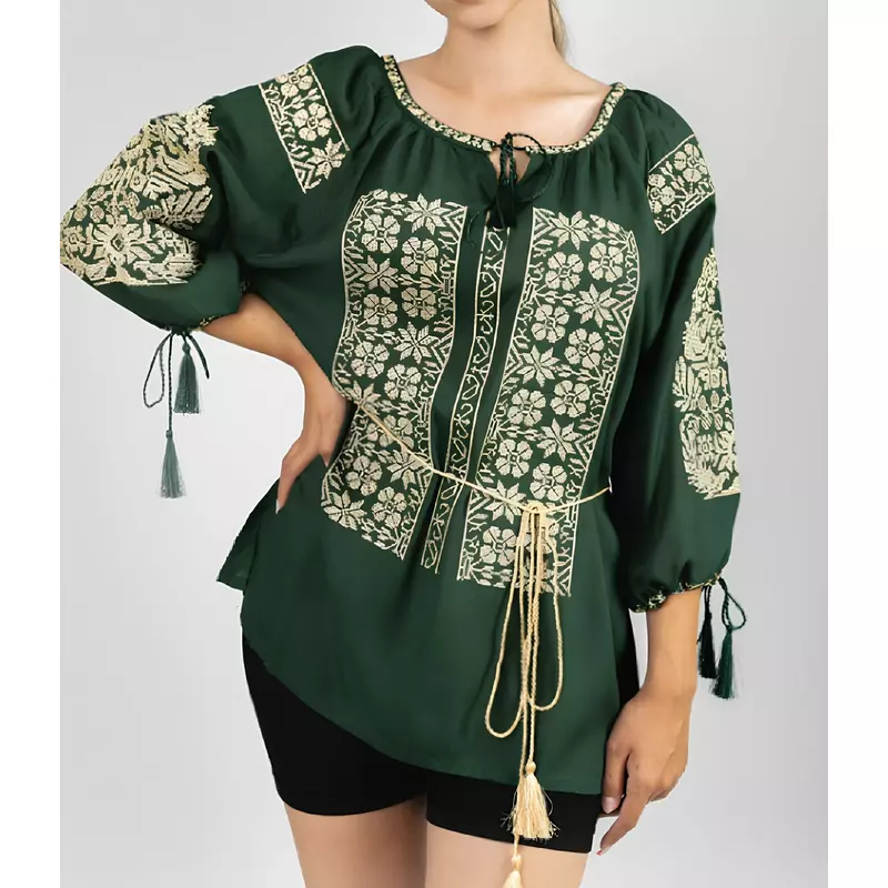 Bluza verde cu motiv floral auriu - BMG143