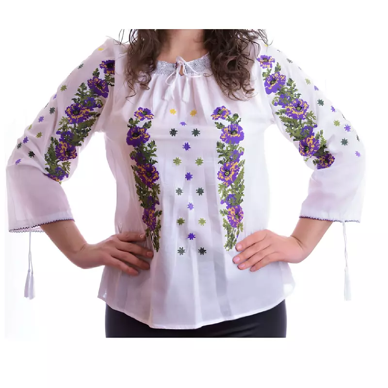 Bluza Tip Ie Alba cu Motiv Floral Mov - BMG52