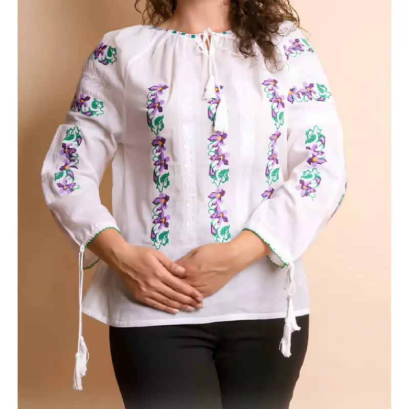 Bluza Tip Ie Alba cu Motiv Floral Mov - BMG76