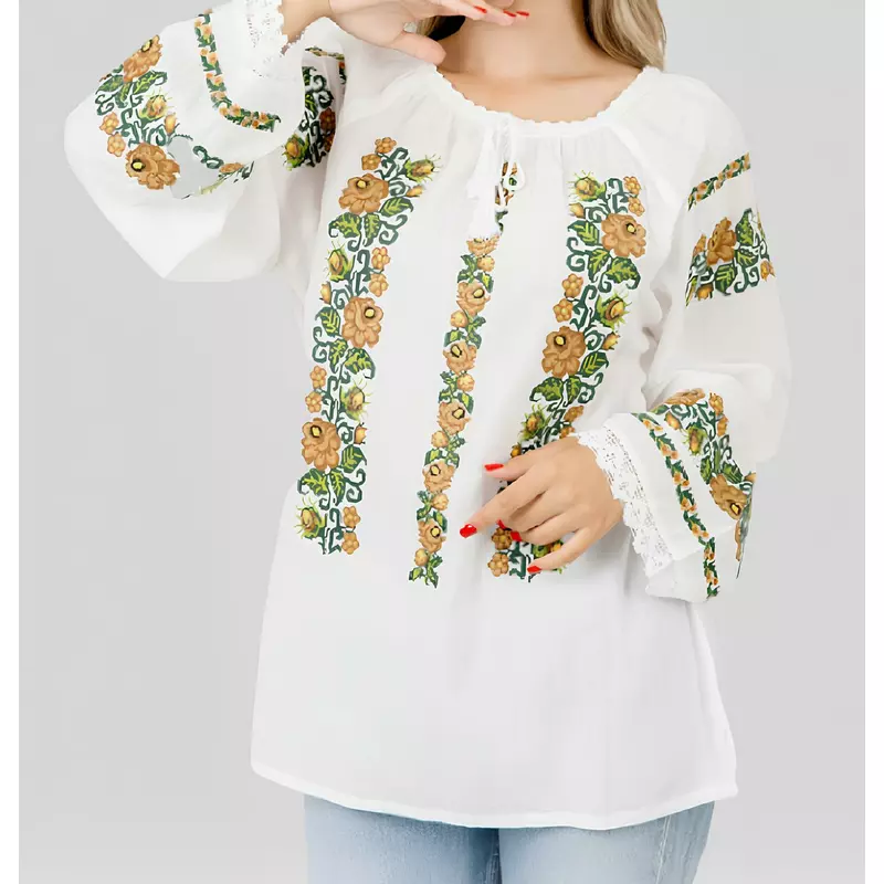Bluza Tip Ie Alba cu Motiv Floral Crem - BMG80