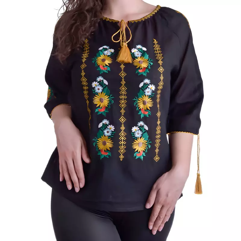 Bluza Traditionala Neagra cu Motiv Gloral Galben - BMG119