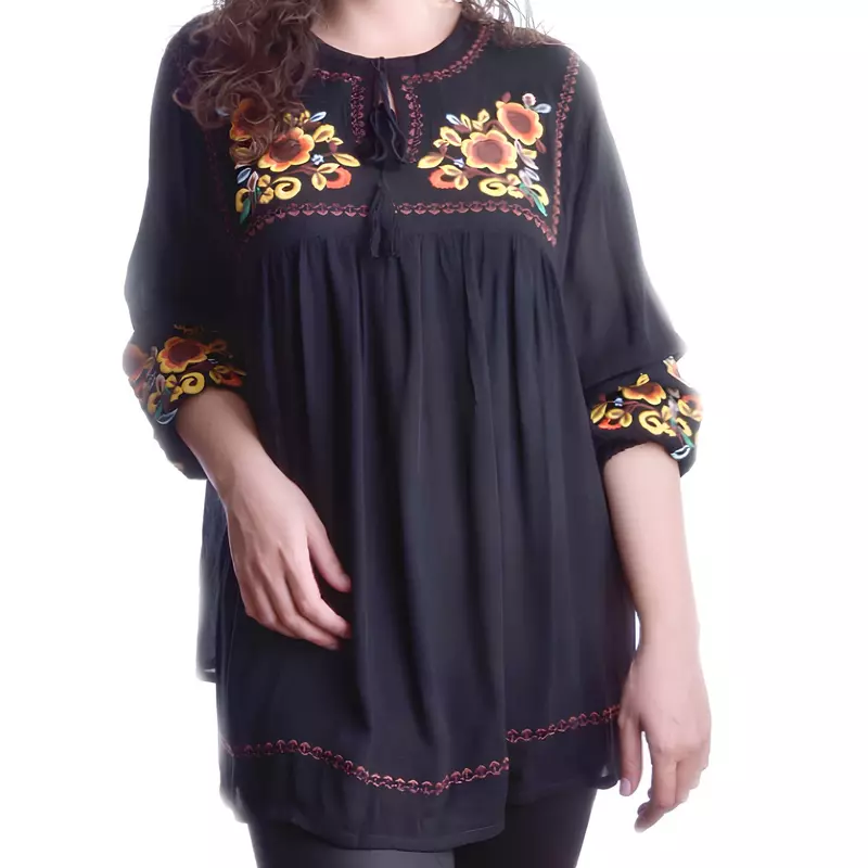Bluza Traditionala Neagra cu Motiv Floral Multicolor - BMG96
