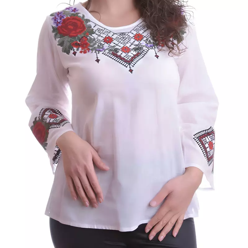Bluza Traditionala Alba cu Motiv Floral Rosu - BMG111