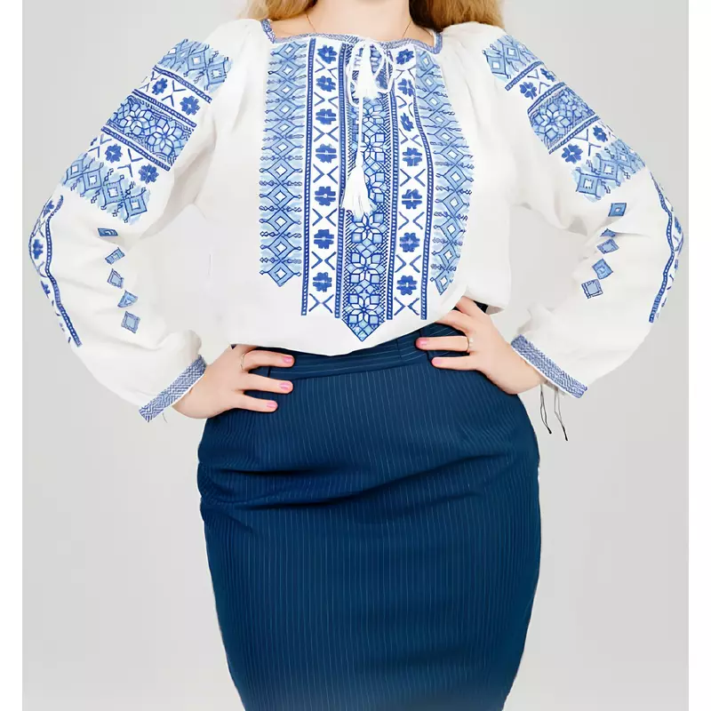 Bluza Tip Ie Alba cu Motiv Floral Albastru - BMG81