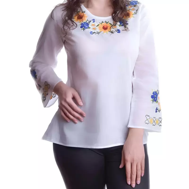 Bluza Traditionala Alba cu Motiv Floral Multicolor - BMG114
