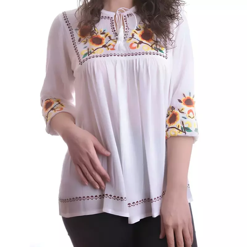 Bluza Traditionala Alba cu Motiv Floral Multicolor - BMG112