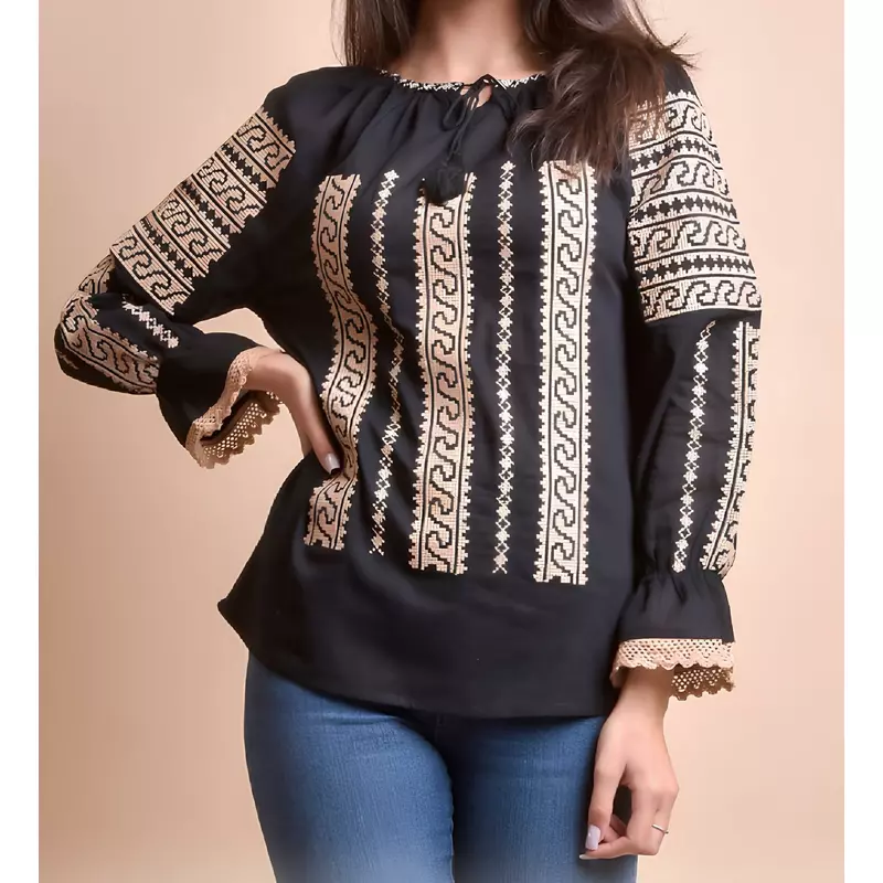 Bluza Tip Ie Neagra cu Motiv Geometric Crem - BMG13