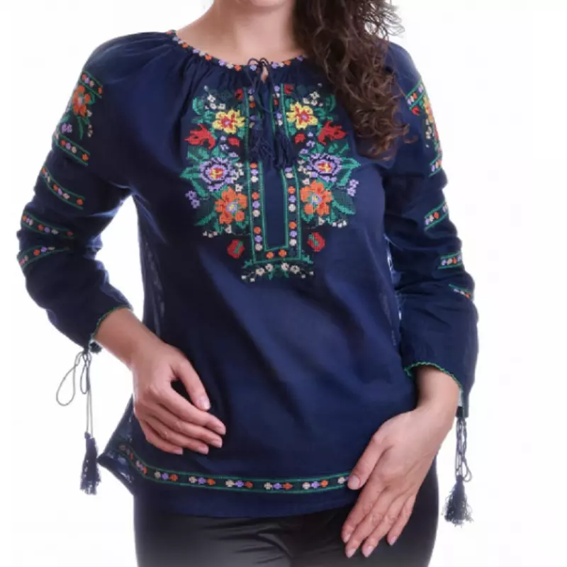 Bluza Tip Ie Albastra cu Motiv Floral Multicolor - BMG53