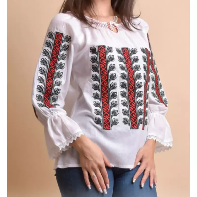 Bluza Tip Ie Alba cu Motiv Geometric Rosu - BMG75