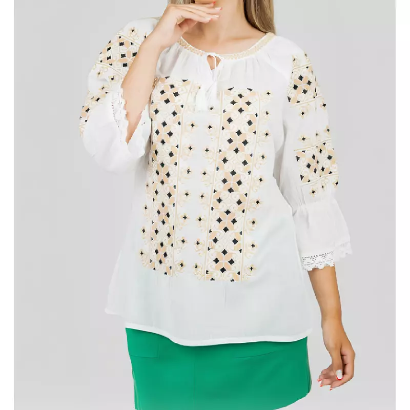 Bluza Tip Ie Traditionala Alba cu Motiv Geometric Crem de Dama - IMS149