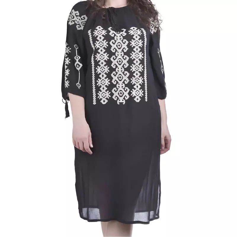 Rochie traditionala midi neagra cu motiv geometric gri - RTM45
