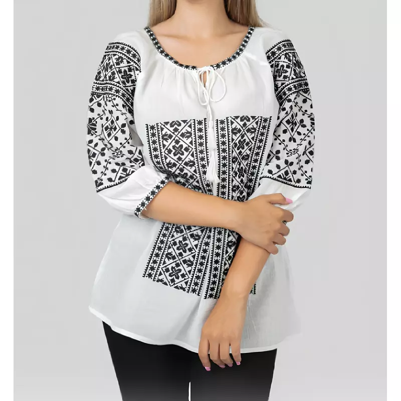 Bluza Tip Ie Traditionala Alba cu Motiv Geometric Negru de Dama - IMS133