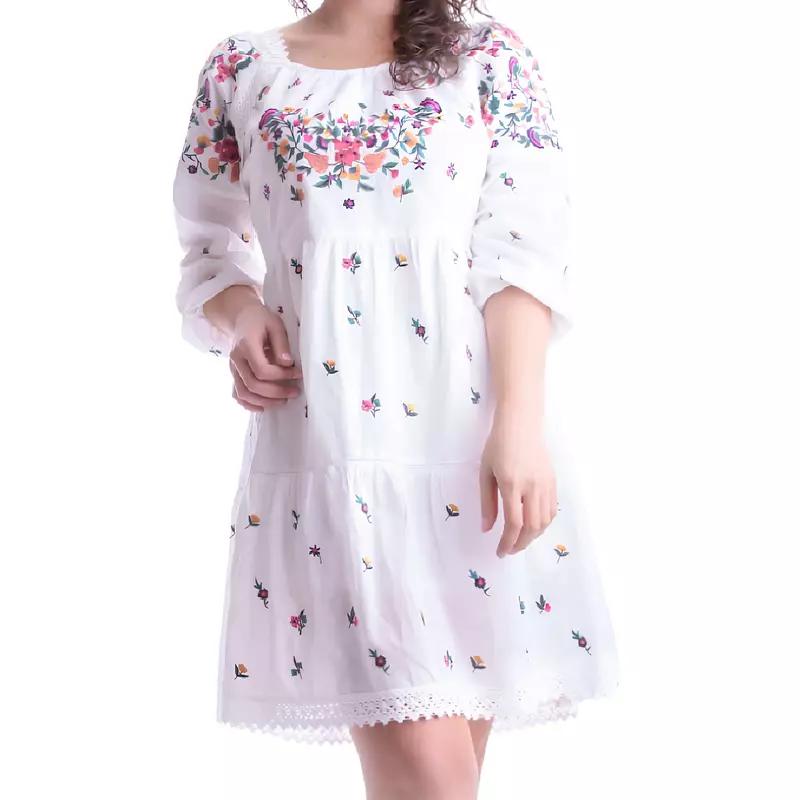 Rochie traditionala evazata alba cu motiv floral multicolor - RTM33