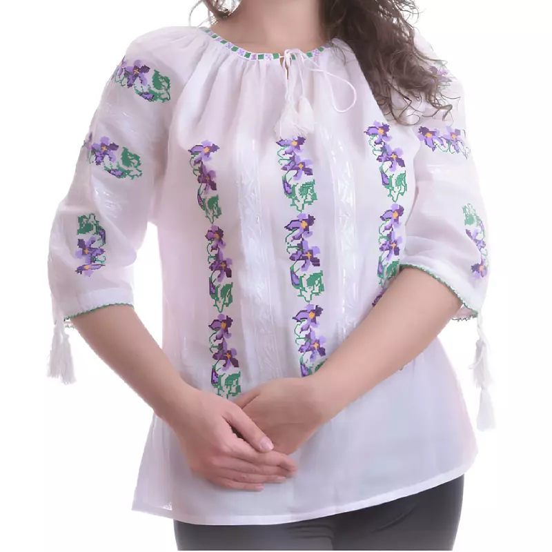 Bluza Tip Ie Traditionala Alba cu Motiv Floral Mov de Dama - IMS68