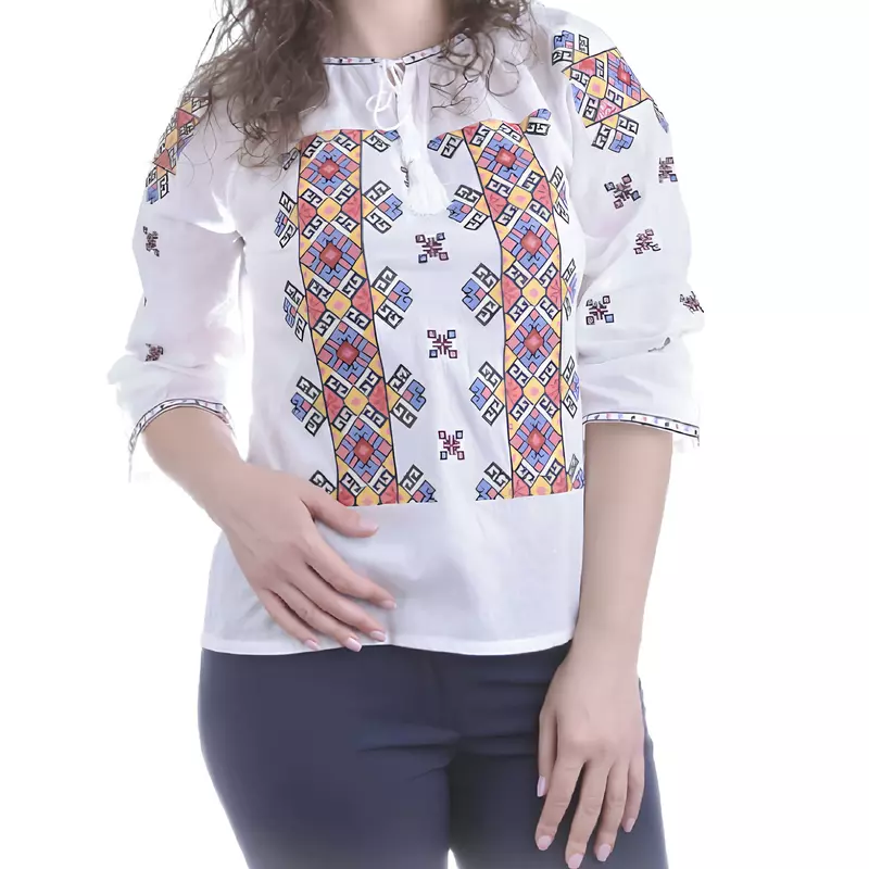 Bluza Tip Ie Traditionala Alba cu Motiv Geometric Multicolor de Dama - IMS91