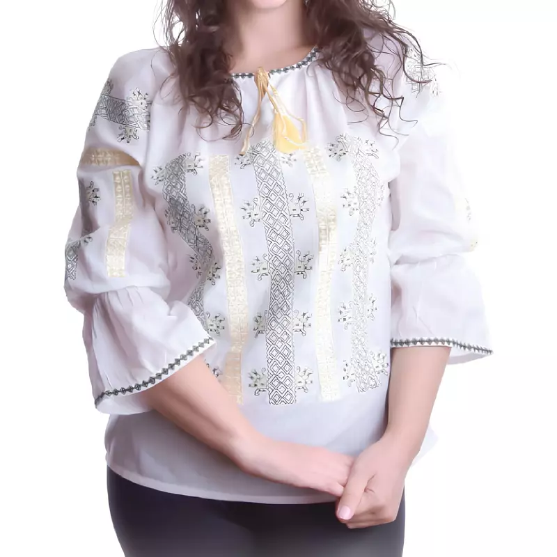Bluza Tip Ie Traditionala Alba cu Motiv Geometric Verde cu Auriu de Dama - IMS74