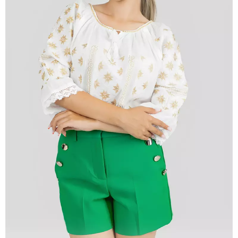 Bluza Tip Ie Traditionala Alba cu Motiv Floral Auriu de Dama - IMS153