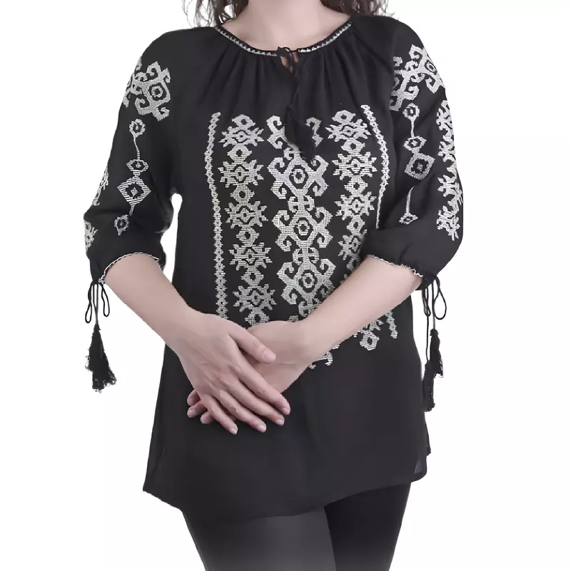 Bluza Tip Ie Traditionala Neagra cu Motiv Geometric Gri de Dama - IMS94