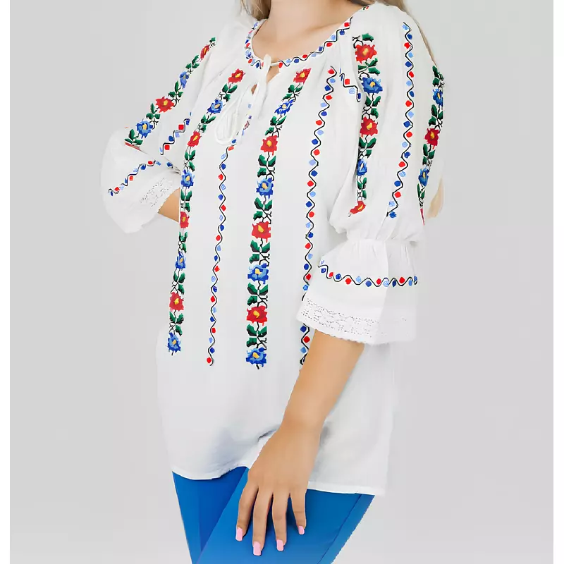 Bluza Tip Ie Traditionala Rosie cu Motiv Floral Multicolor de Dama - IMS146