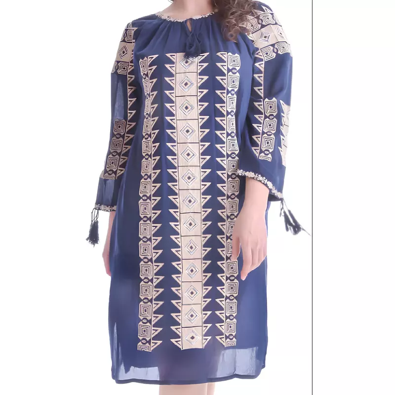 Rochie Traditionala Dreapta Albastra cu Motiv Geometric Crem - RTM22