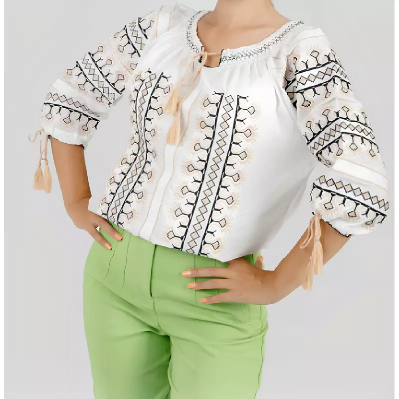 Bluza Tip Ie Traditionala Alba cu Motiv Geometric Crem de Dama - IMS162