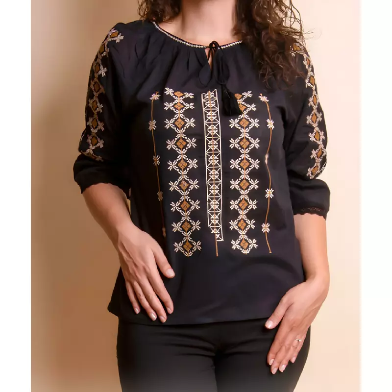 Bluza Tip Ie Traditionala Neagra cu Motiv Geometric Crem de Dama - IMS55