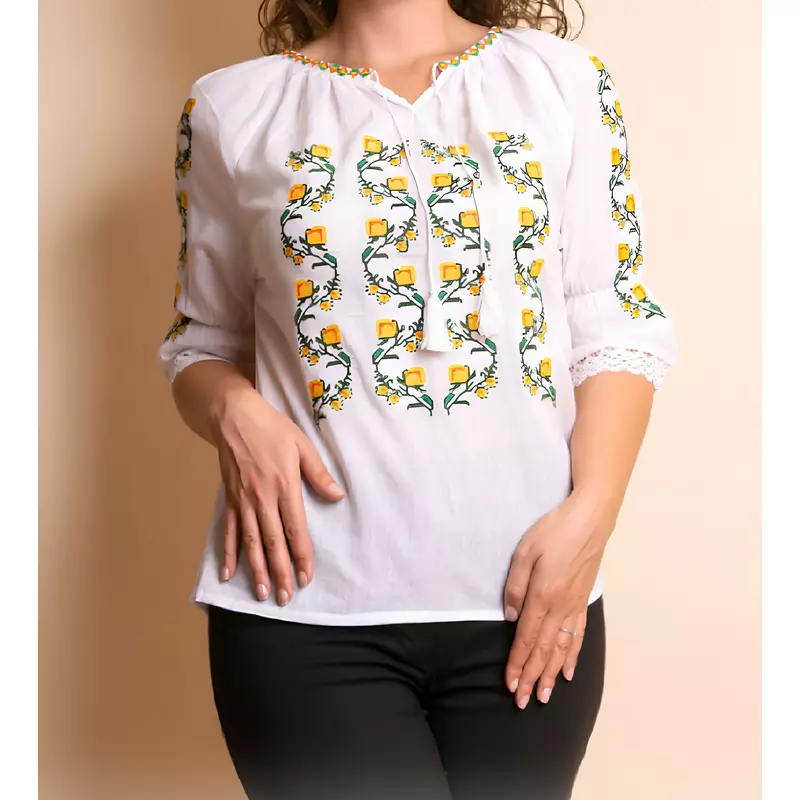 Bluza Tip Ie Traditionala Alba cu Motiv Floral Galben de Dama - IMS110