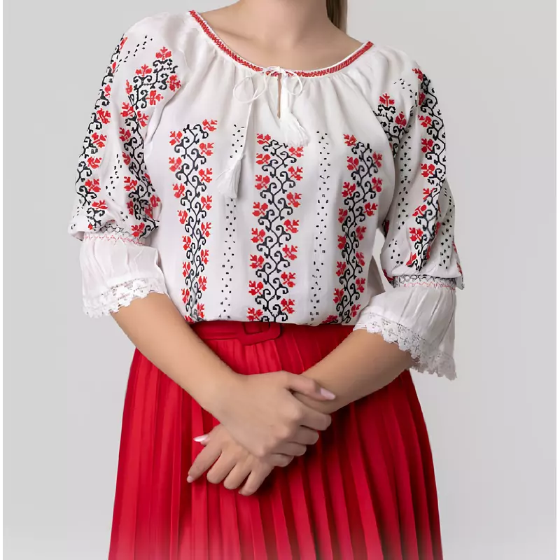 Bluza Tip Ie Traditionala Alba cu Motiv Floral Rosu de Dama - IMS118
