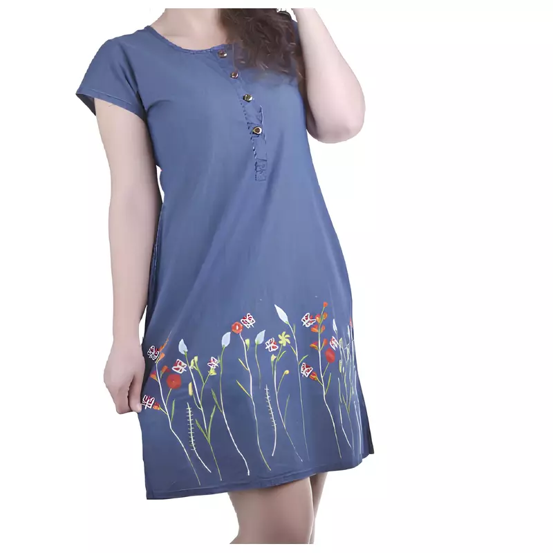 Rochie denim albastra cu motiv floral multicolor - RTM35