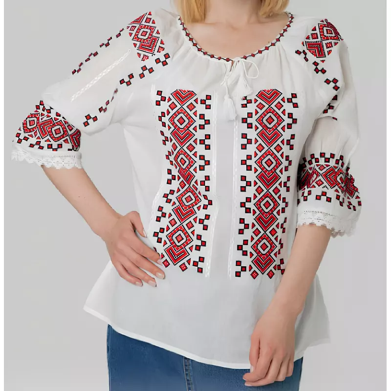 Bluza Tip Ie Traditionala Alba cu Motiv Geomtric Rosu de Dama - IMS127