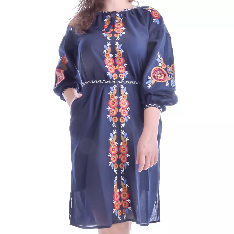 Rochie Traditionala Midi Albastra cu Motiv Geometric Multicolor - RTM24