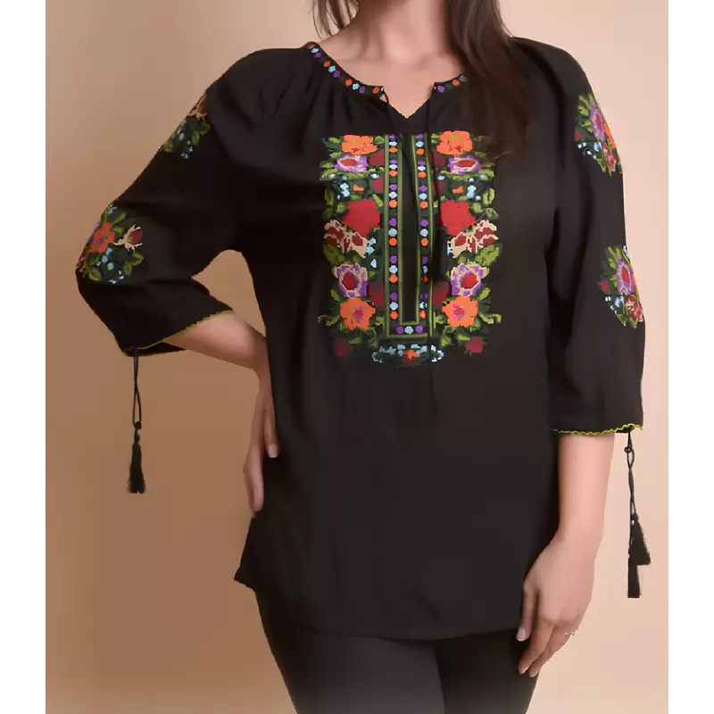 Bluza Tip Ie Traditionala Neagra cu Motiv Floral Multicolor de Dama - IMS53