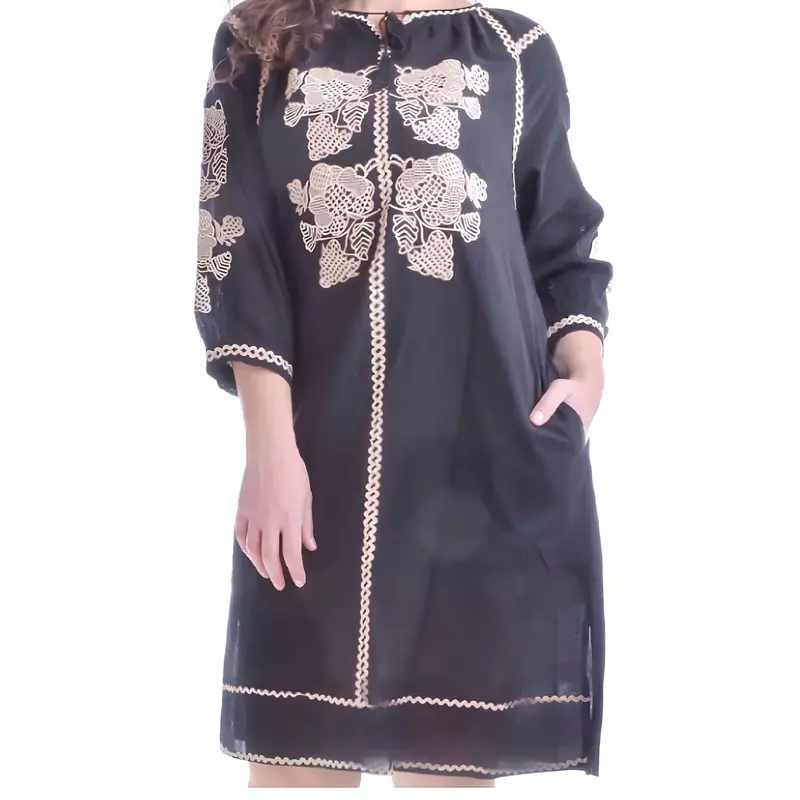 Rochie Traditionala Midi Neagra cu Motiv Floral Crem - RTM26
