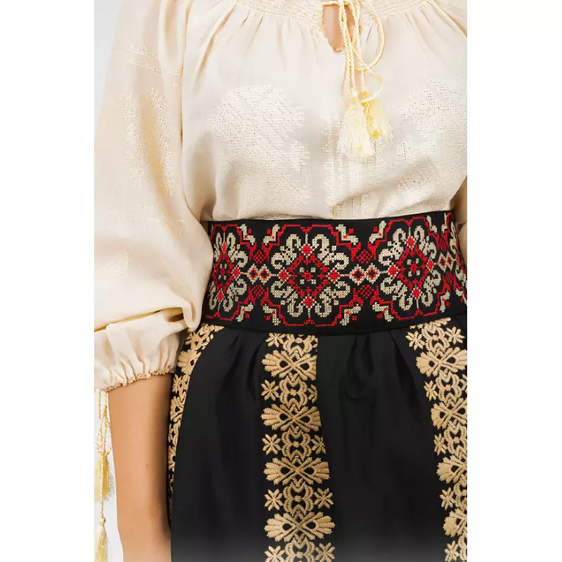 Brau Traditional Negru cu Motiv Floral Crem - BTR21