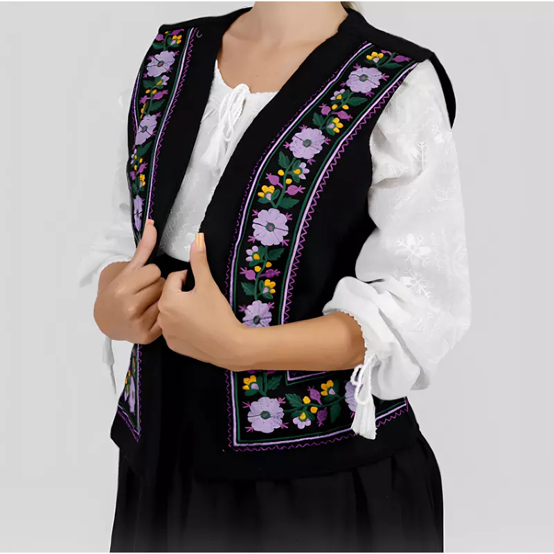 Vesta traditionala neagra cu broderie florala mov cu galben -VT11