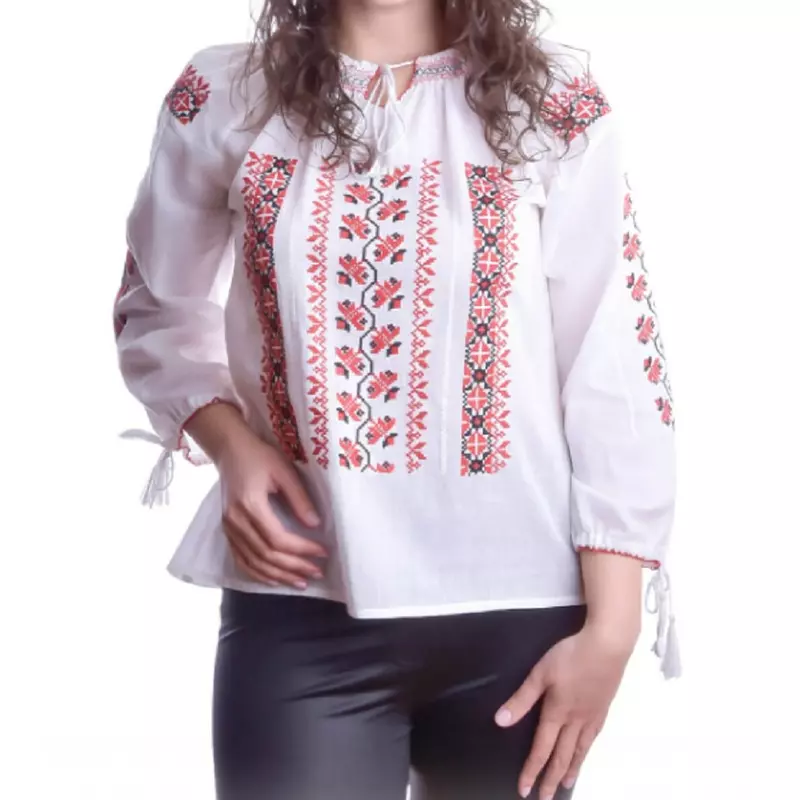 Bluza Tip Ie Alba cu Motiv Geometric Rosu - BMG64