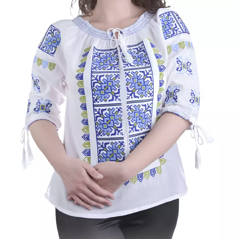 Bluza Tip Ie Traditionala Alba cu Motiv Geometric Albastru de Dama - IMS97