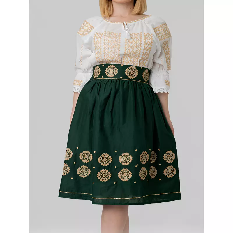 Fusta Traditionala Verde cu Broderie Florala Crem - FTSF06