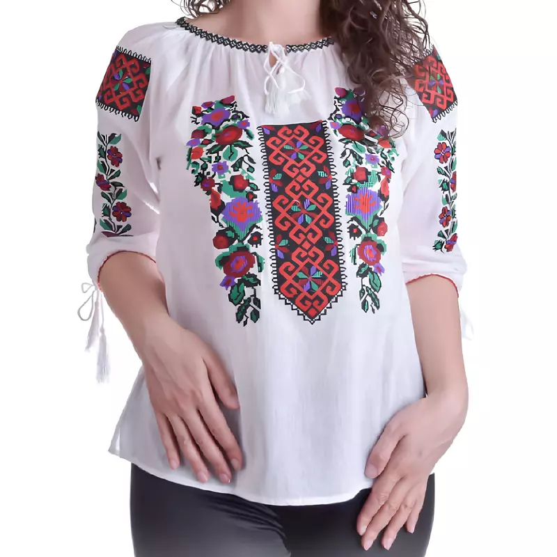 Bluza Tip Ie Traditionala Alba cu Motiv Floral Multicolor de Dama - IMS85