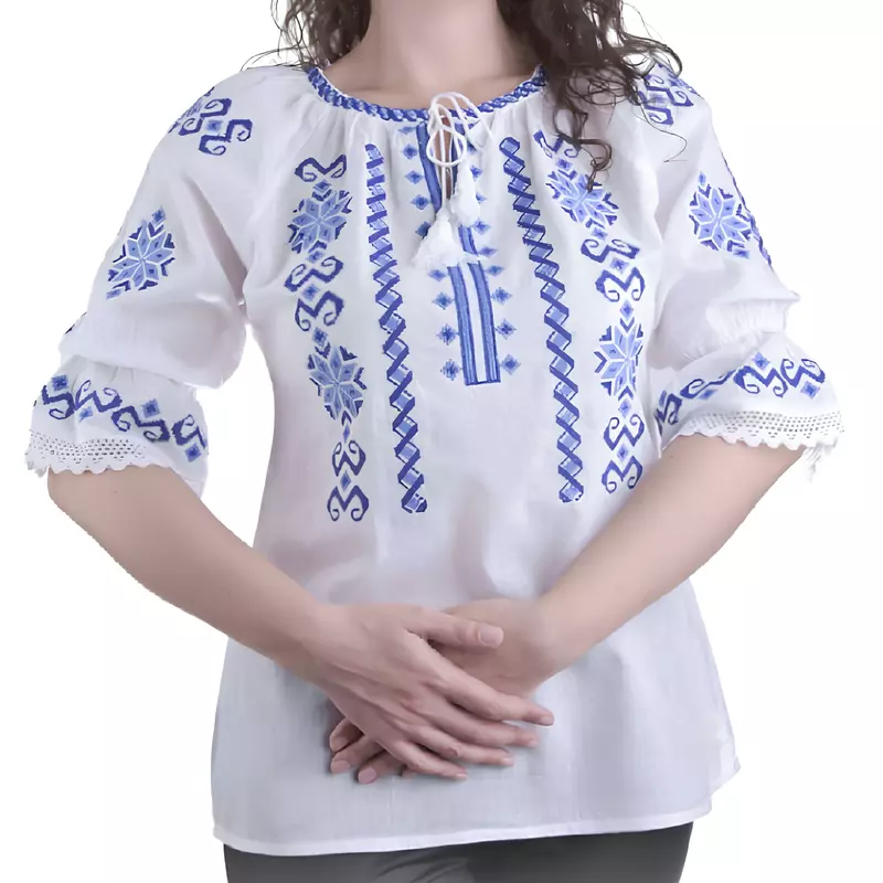 Bluza Tip Ie Traditionala Alba cu Motiv Geometric Albastru de Dama - IMS95