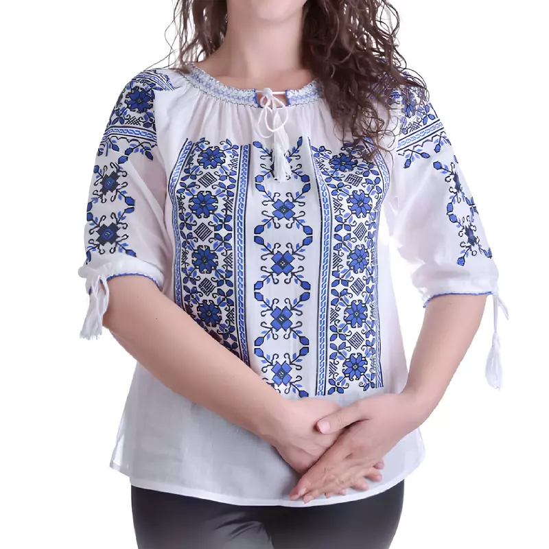 Bluza Tip Ie Traditionala Alba cu Motiv Floral Albastru de Dama - IMS48