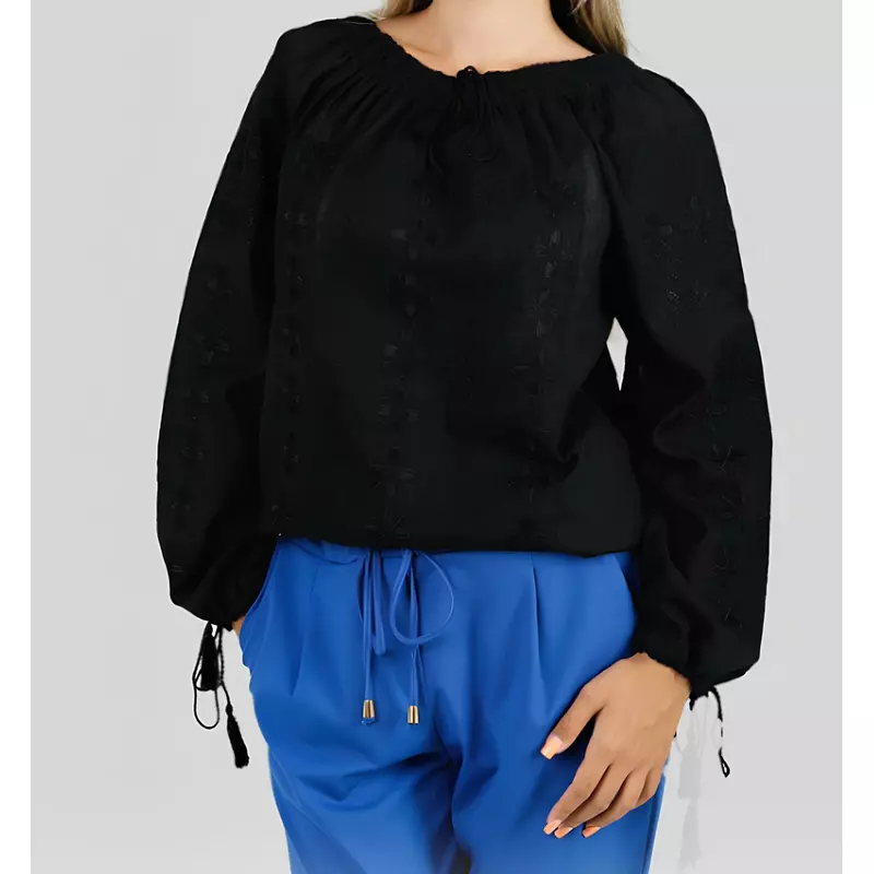 Ie Traditionala Neagra cu Motiv Floral Negru- IML27