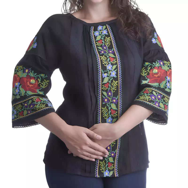 Bluza Neagra cu Motiv Floral Multicolor - BMG169