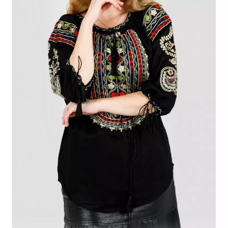 Bluza Tip Ie Neagra cu Motiv Floral Multicolor - BMG12