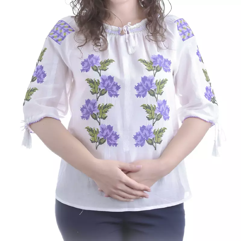 Bluza Tip Ie Traditionala Alba cu Motiv Floral Mov de Dama - IMS51