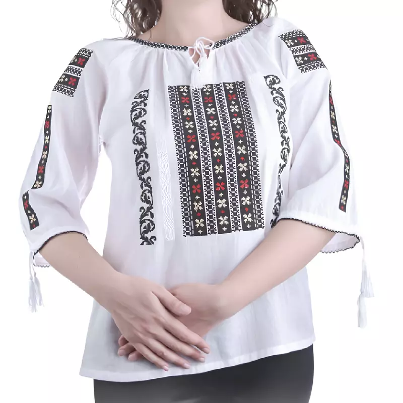 Bluza Tip Ie Traditionala Alba cu Motiv Geometric Multicolor de Dama - IMS93